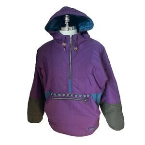 VTG 90s LL Bean Made USA Hooded Coat Jacket Pullover Purple Green Sz Medium Mens